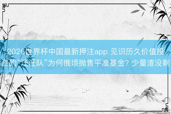 2026世界杯中国最新押注app 见识历久价值投资的“汪汪队